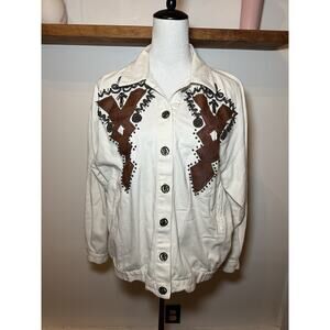 Vintage Silk Tan Button Down Women’s Beaded Western Shirt Size 10 Patchwork Boho